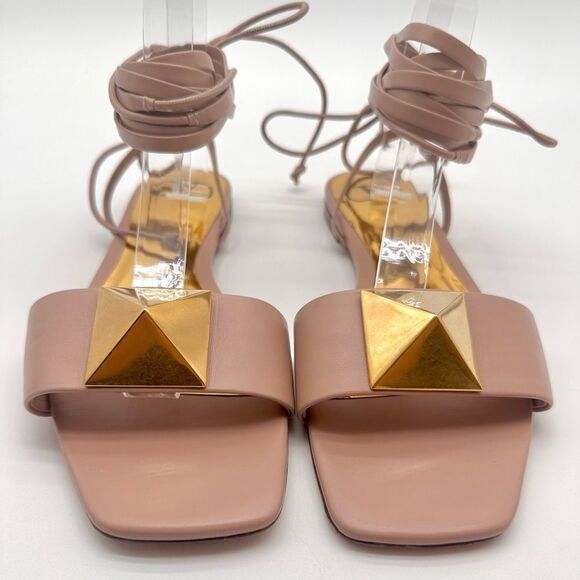 Valentino Garavani One Stud Gladiator Ankle Tie Wrap Flat Sandals Poudre EU 39.5 - Picture 2 of 12